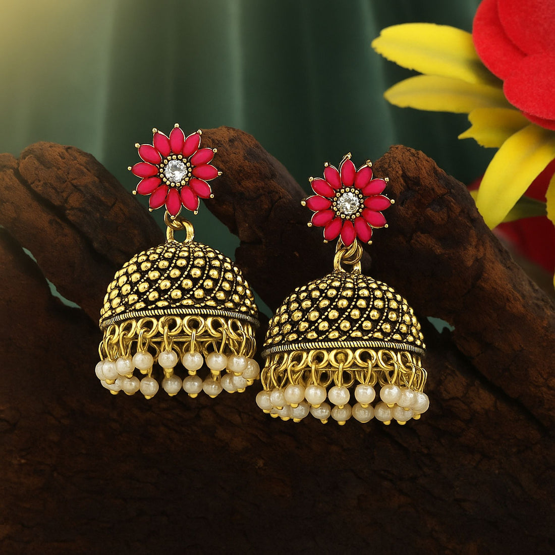 Beautiful Rani Color Oxidised Earrings Designed For Bridal Fashion Jewelry And Cultural Functions