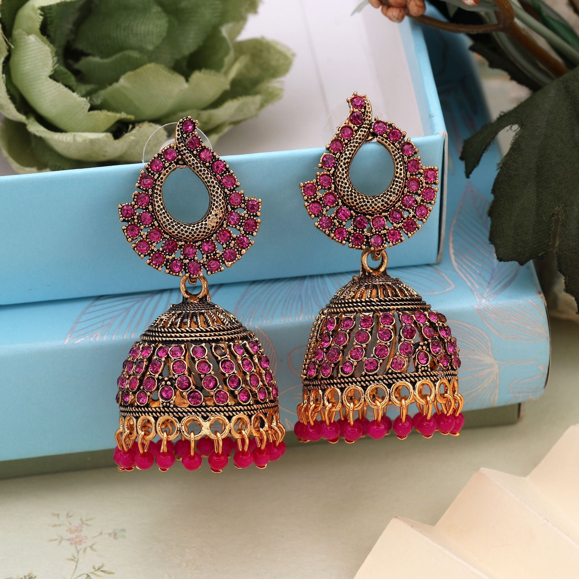 Stylish Rani Color Oxidised Earrings Perfect For Weddings, Functions, And Ethnic Womenâ€™S Fashion Jewelry