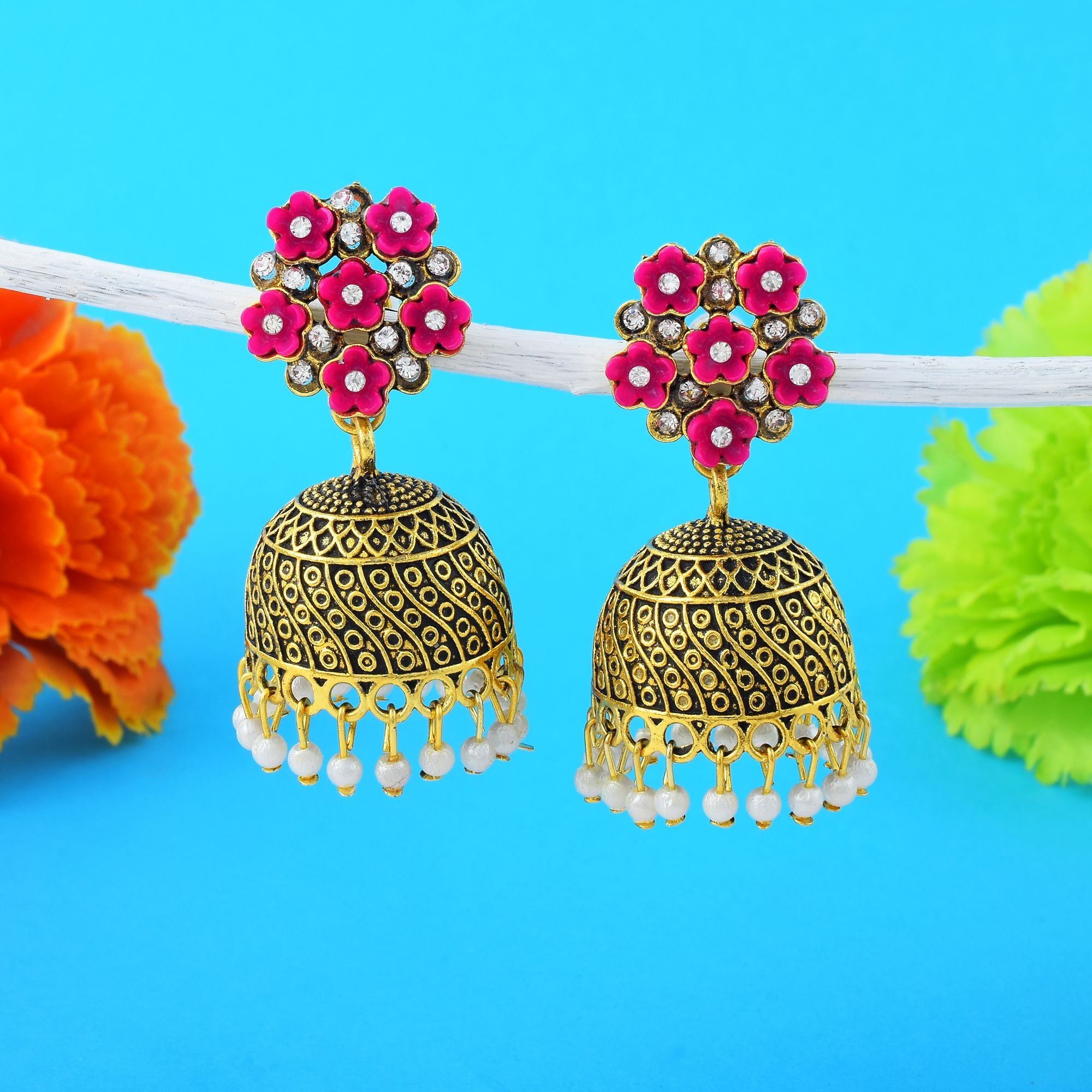 Beautiful Rani Color Oxidised Earrings Designed With Handmade Detailing For Wedding And Festive Looks