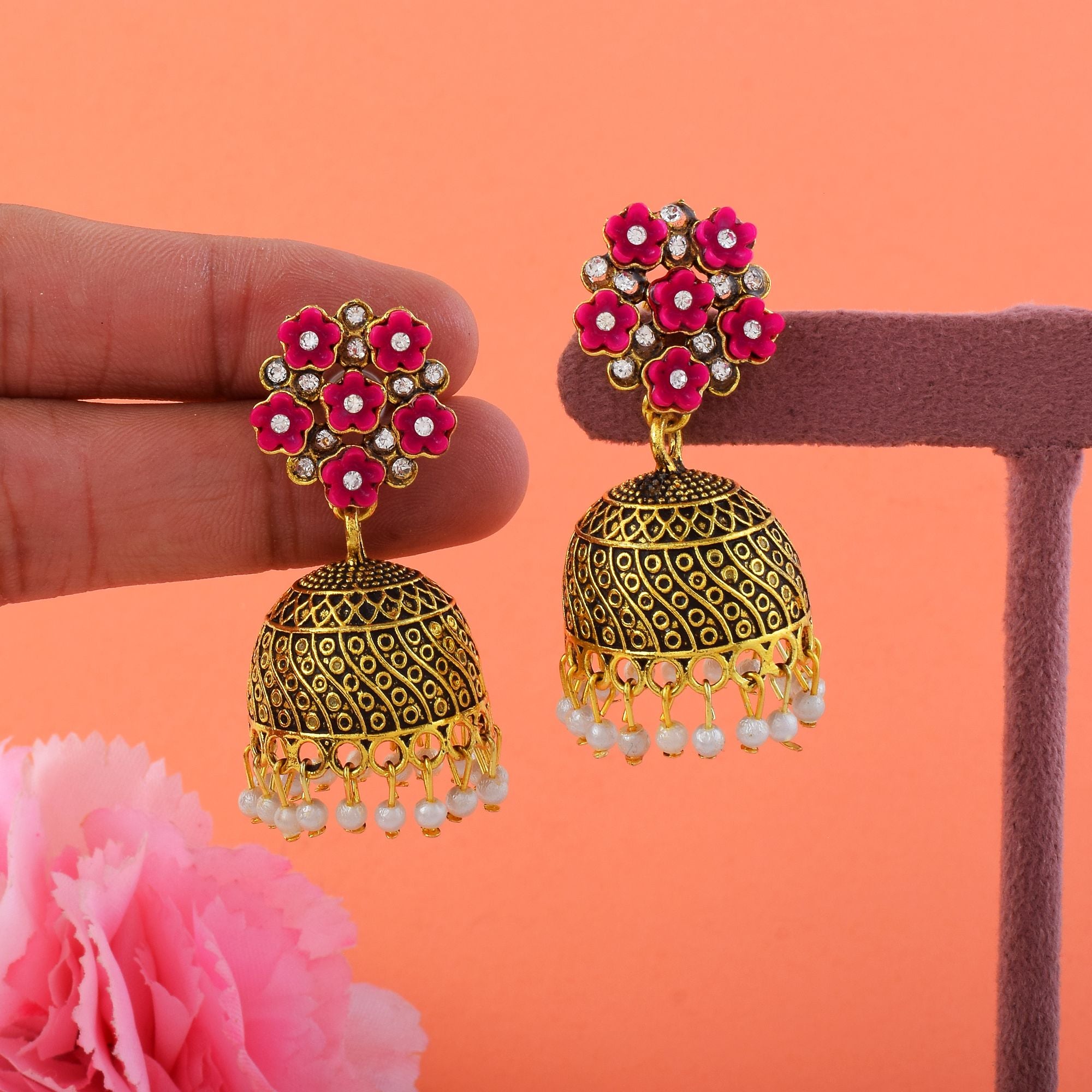 Beautiful Rani Color Oxidised Earrings Designed With Handmade Detailing For Wedding And Festive Looks