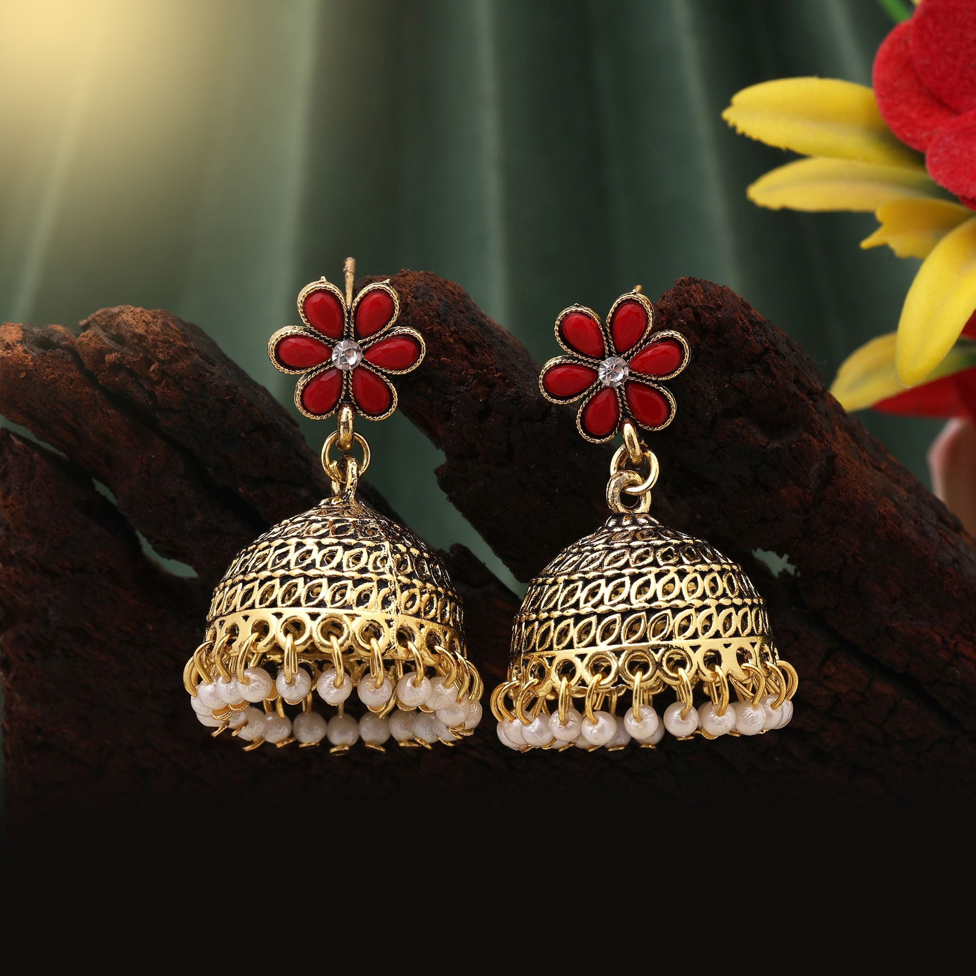 Stylish Red Color Oxidised Earrings Perfect For Brides, Ethnic Outfits, And Wedding Party Jewelry