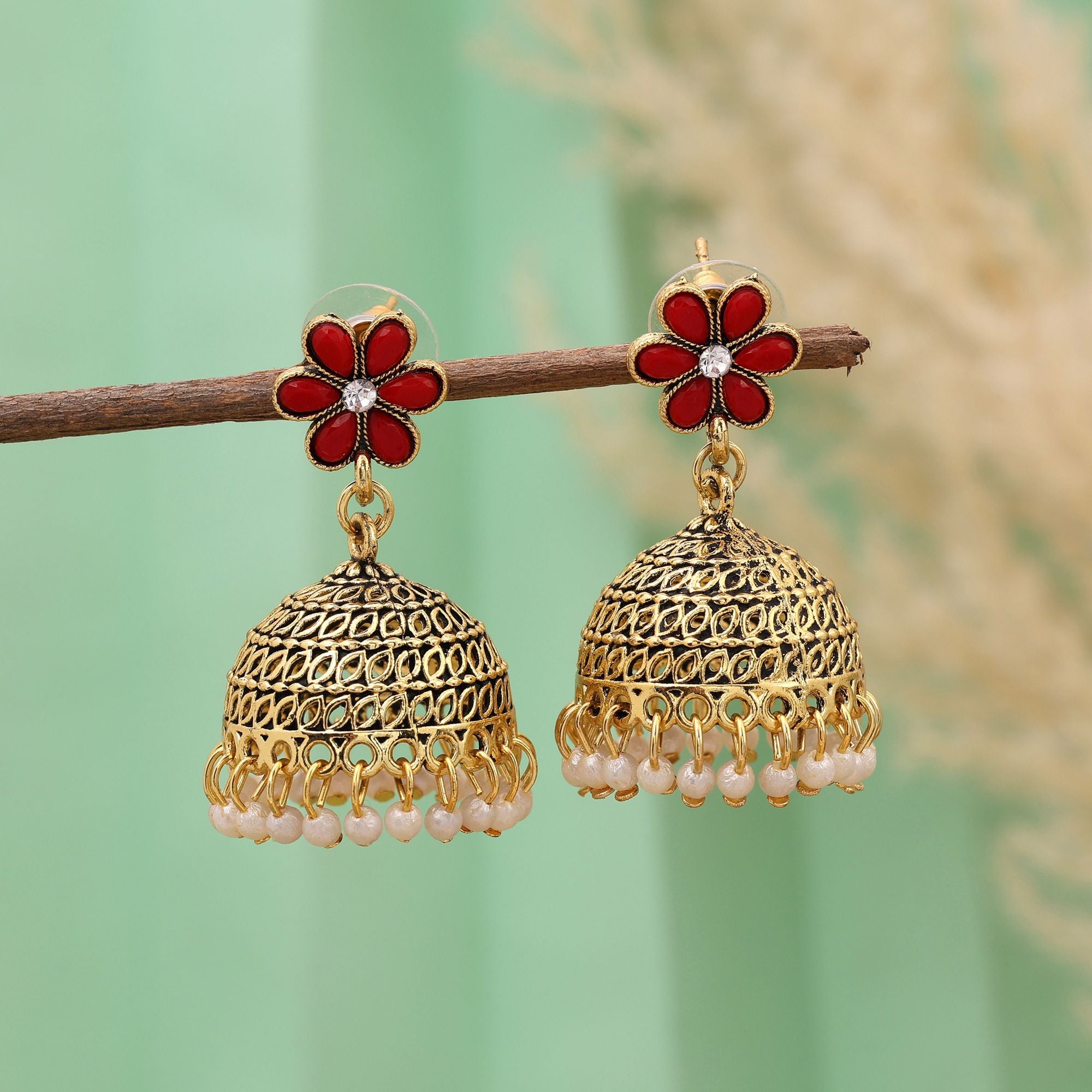 Stylish Red Color Oxidised Earrings Perfect For Brides, Ethnic Outfits, And Wedding Party Jewelry