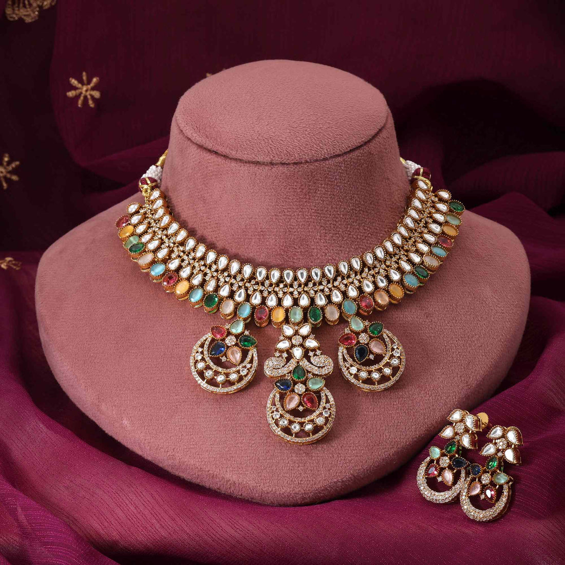 Multi Color Stone Work American Diamond Necklace Set For Stylish Festive Outfits