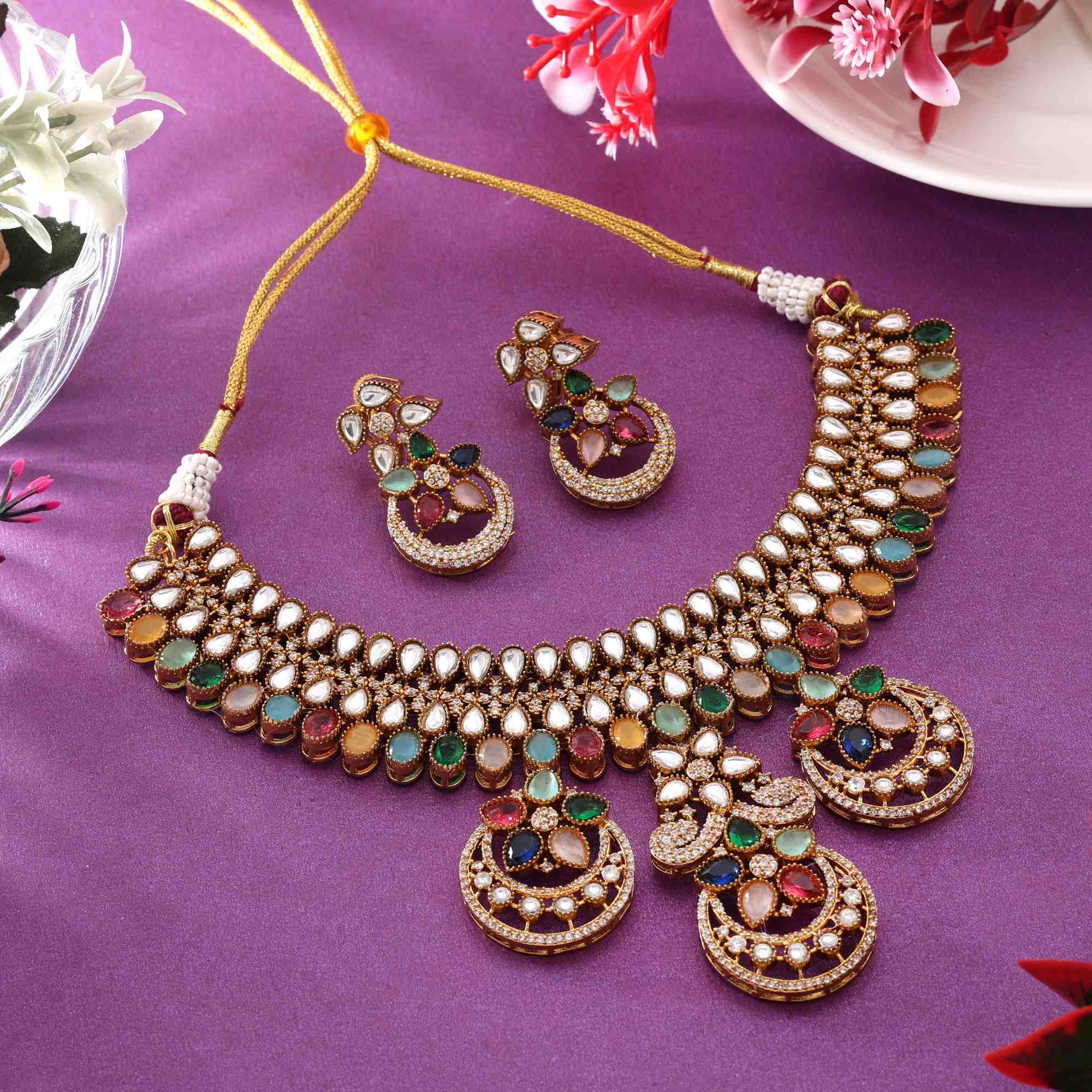 Multi Color Stone Work American Diamond Necklace Set For Stylish Festive Outfits