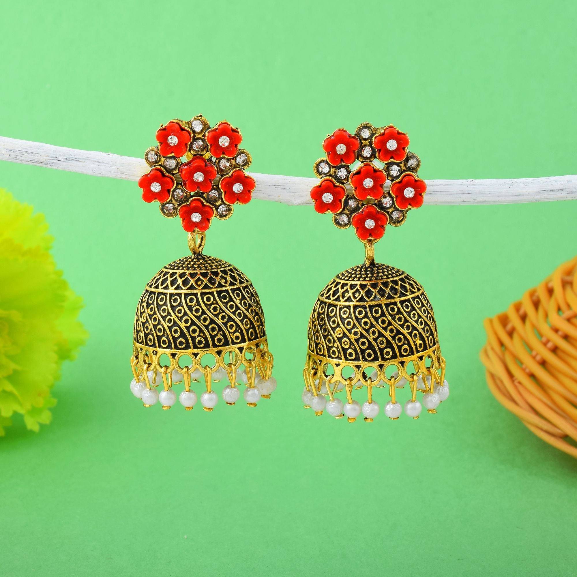 Attractive Red Color Oxidised Earrings Crafted For Parties, Celebrations, And Traditional Festive Outfits